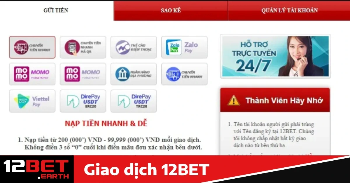 Các giao dịch tại 12BET nhanh chóng và đơn giản